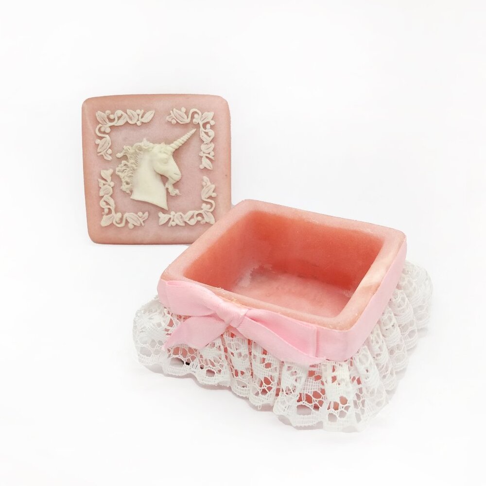 Vintage Pink/White Unicorn Incolay-Soapstone Jewelry/Trinket Box 70-80's
